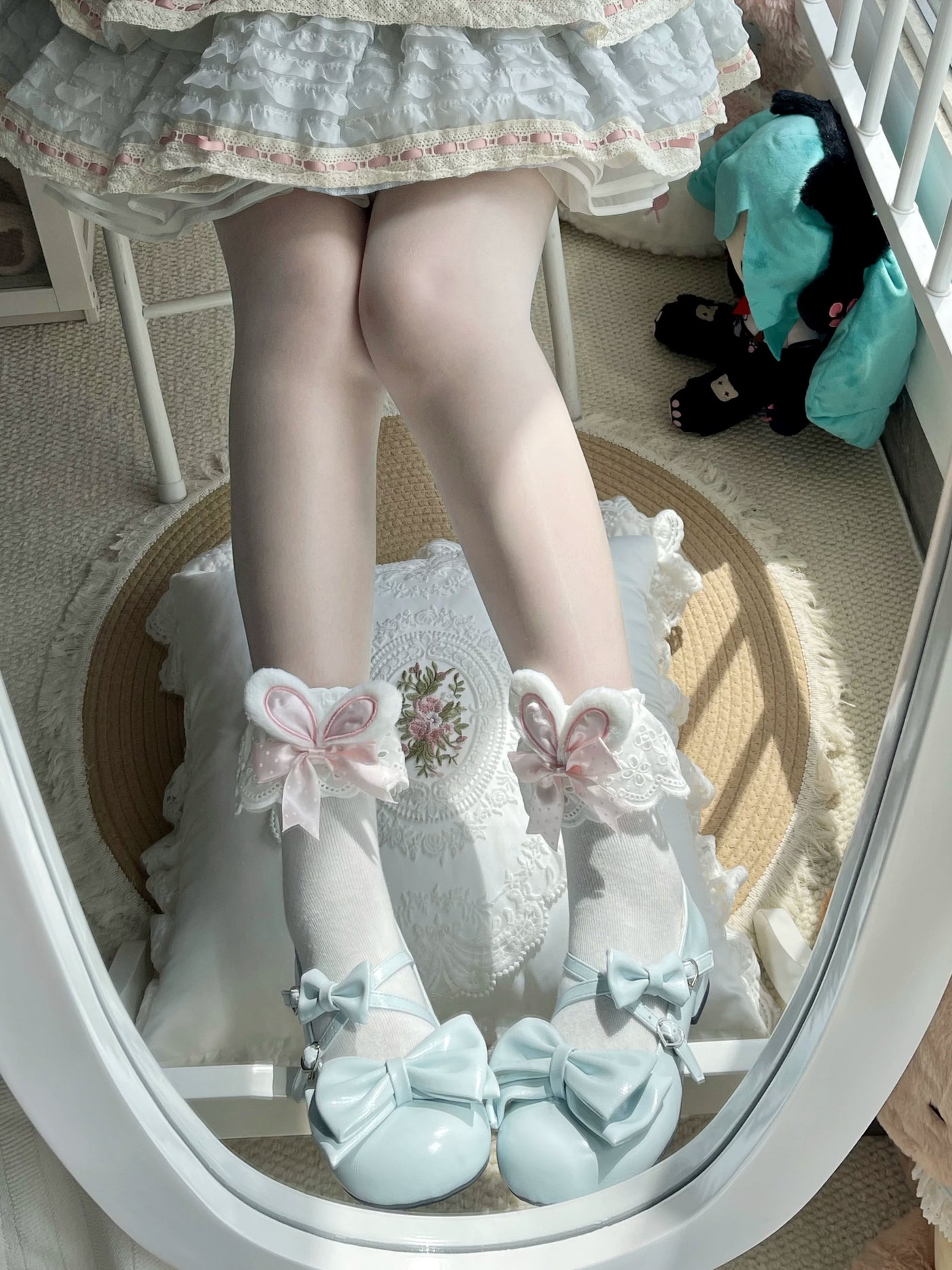 Fantasy Doll mid-calf socks with lace bunny-ear cuffs and bows