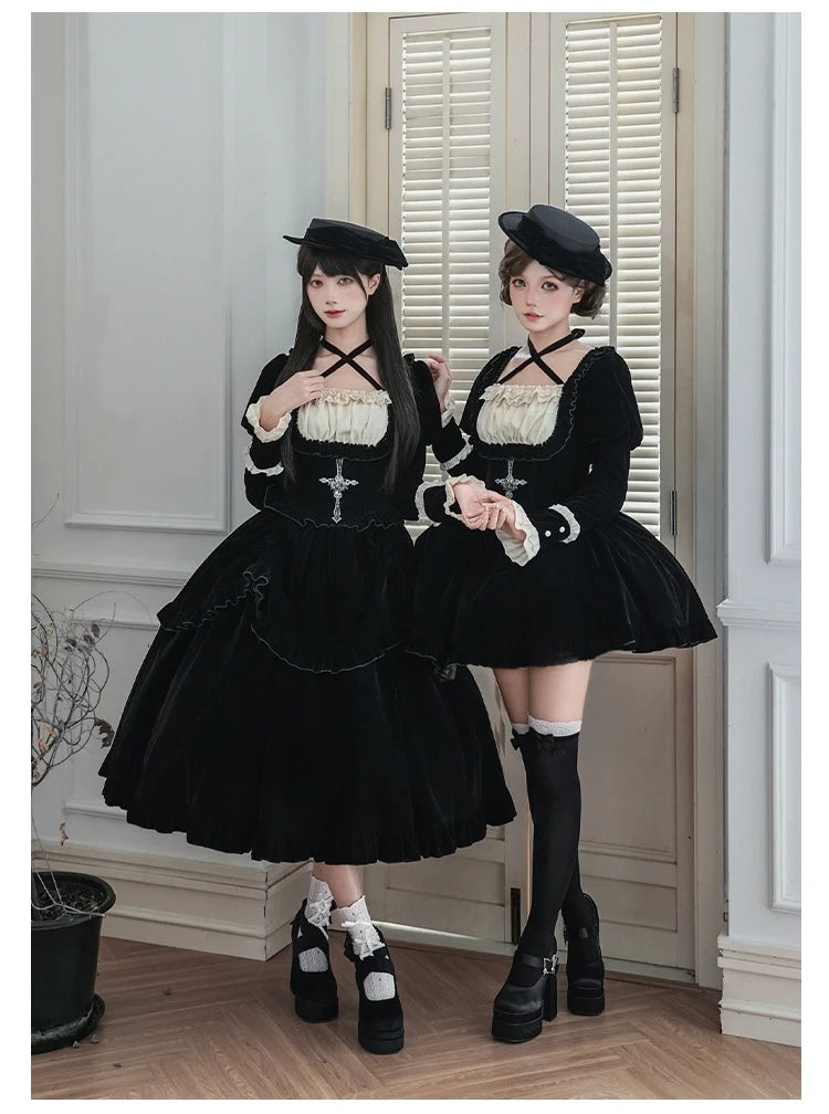 With PUJI - Apocalypse - Gothic Lolita Velvet OP Dress Set, Fishbone Waist