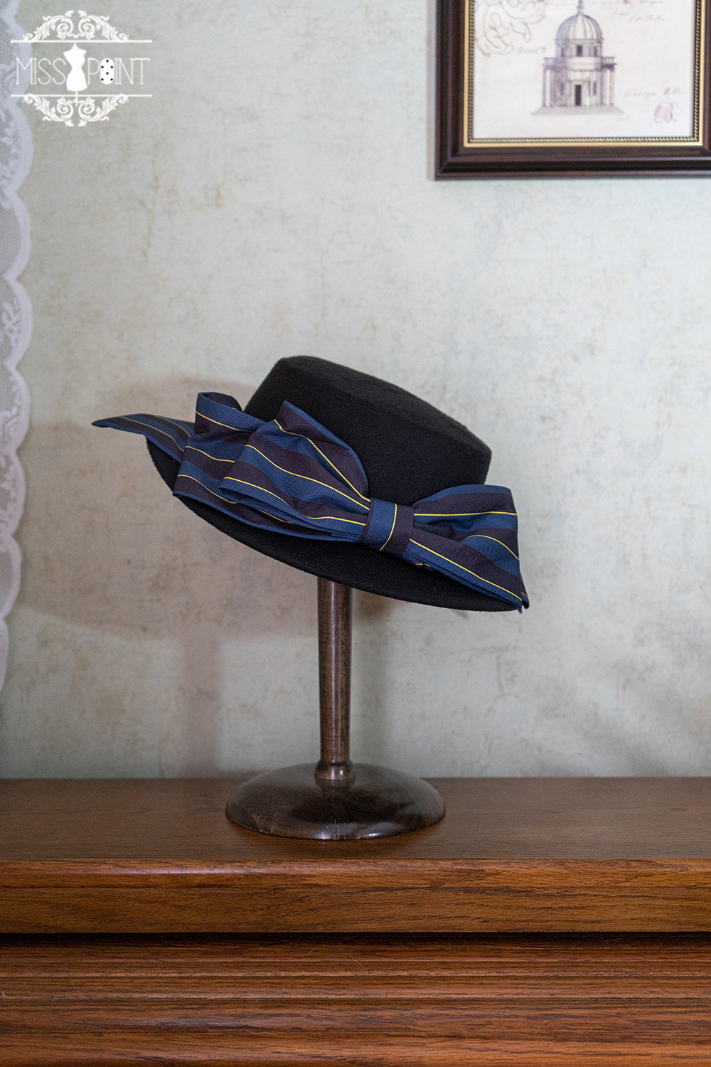 Stripped Lolita Headband Veil Hat Clip Necklace navy blue stripped top hat