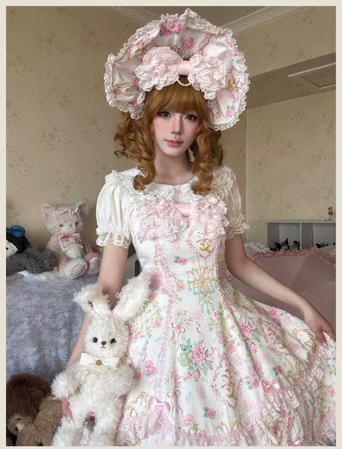 Sweetheart Dream Machine - Vintage Floral Wall - Ruffle-Trimmed Blouse with Doll Collar