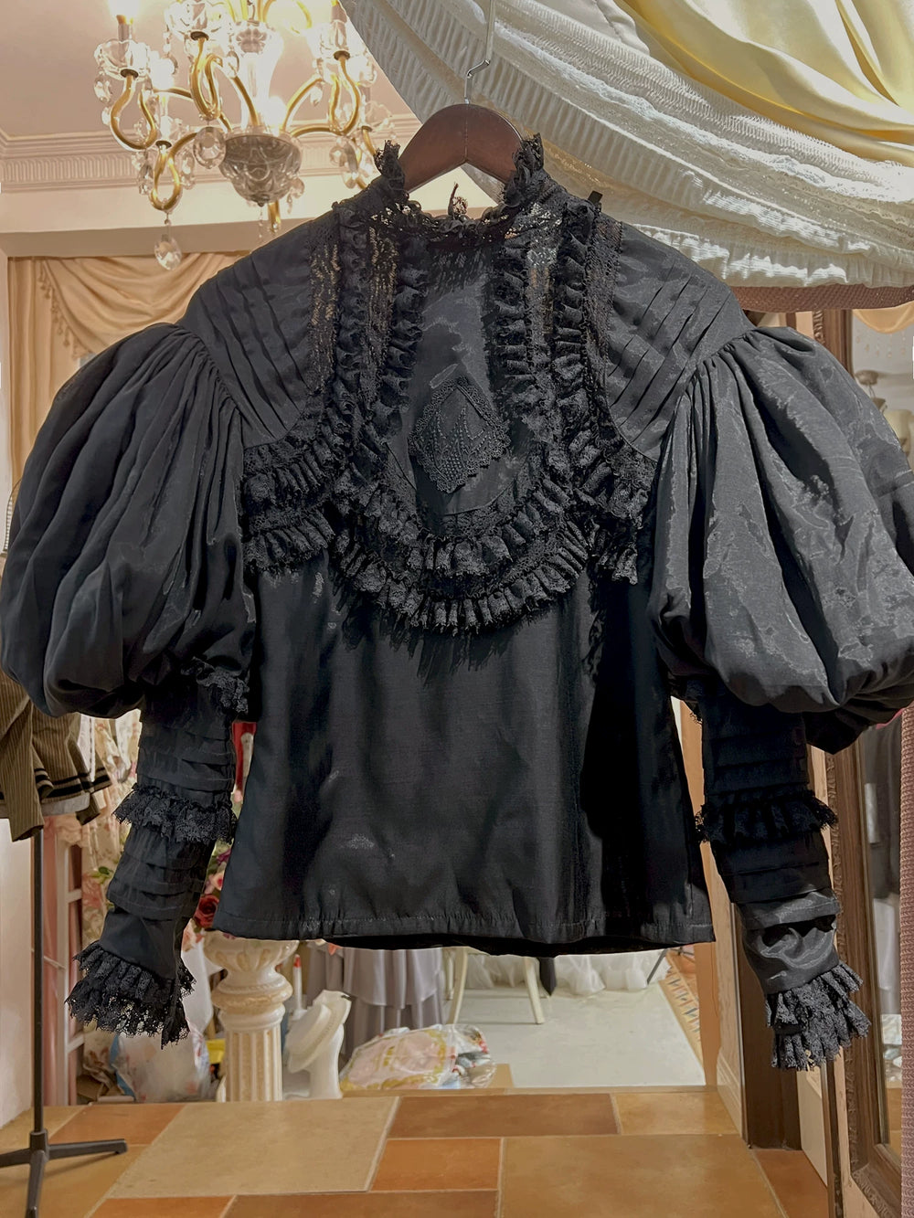 White LACE GARDEN Victorian Lolita blouse with lace-trimmed high collar and bishop sleeves