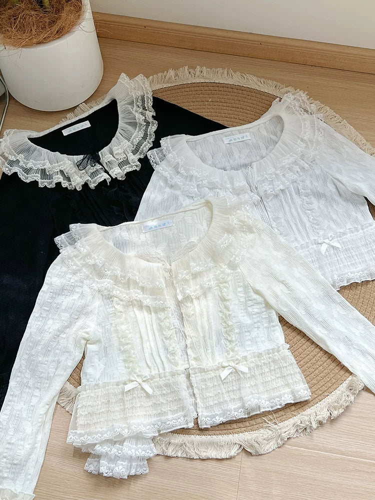 With PUJI - Morning Dew - Lolita Cardigan, Lace Trim & Ruffle Trim detail view 3