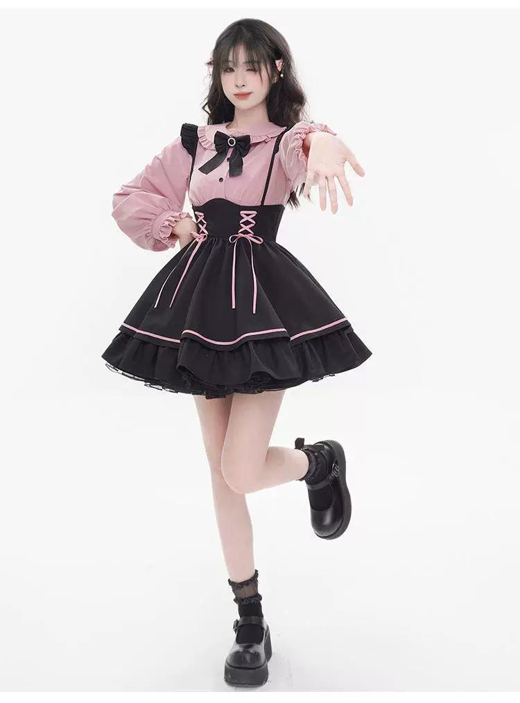 Sweetheart Dream Machine - Pink Ribbon Pinafore - Black Pinafore Dress Set with Pink Lace-Up Ribbons