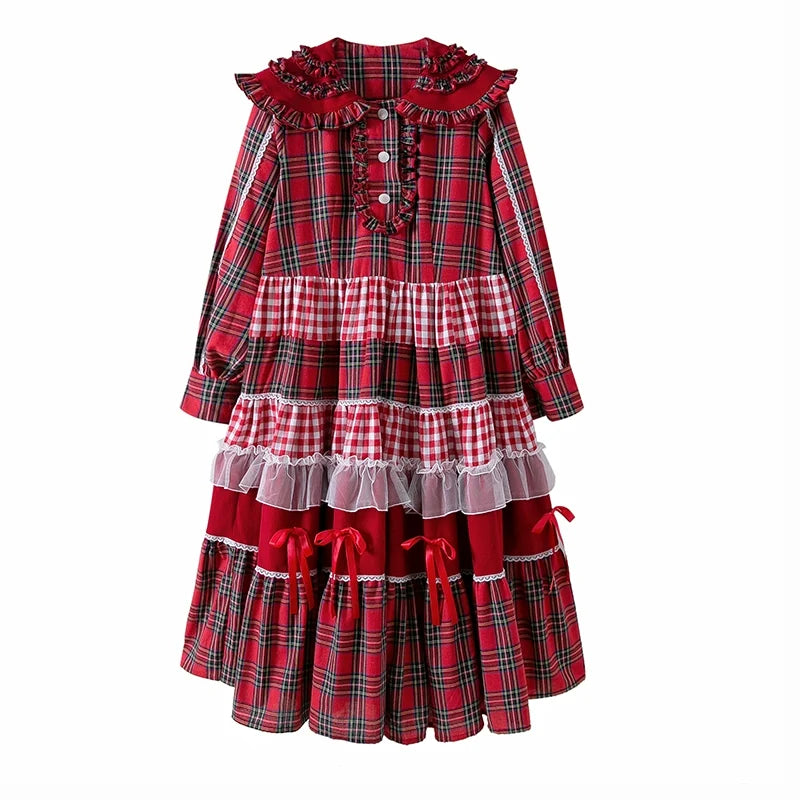 Red plaid Vintage Lolita OP dress with doll collar and ribbon bow