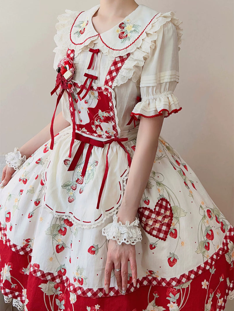 Baozi Pig - Strawberry Orchard - Short-Sleeve Lolita Blouse with a Strawberry-Embroidered Collar