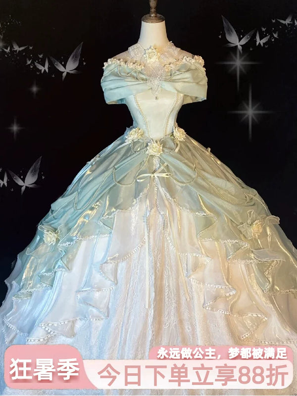 Flora Muse Rose Encounter Lolita ballgown in pale green, off-shoulder style with rose appliques and layered skirt