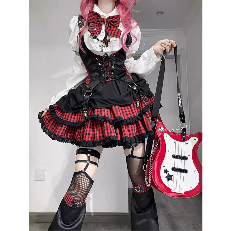 Creamy - American School Rock - Lolita fashion set with a black-and-red plaid skirt