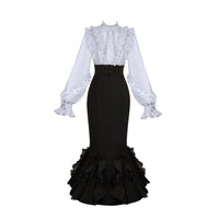 With PUJI - Miss Laura: Long-sleeve Mermaid - Lolita OP Dress, Ruffle Trim - Grey and Black Long-sleeve Dress - Pre-order, ships from Oct 22 / S