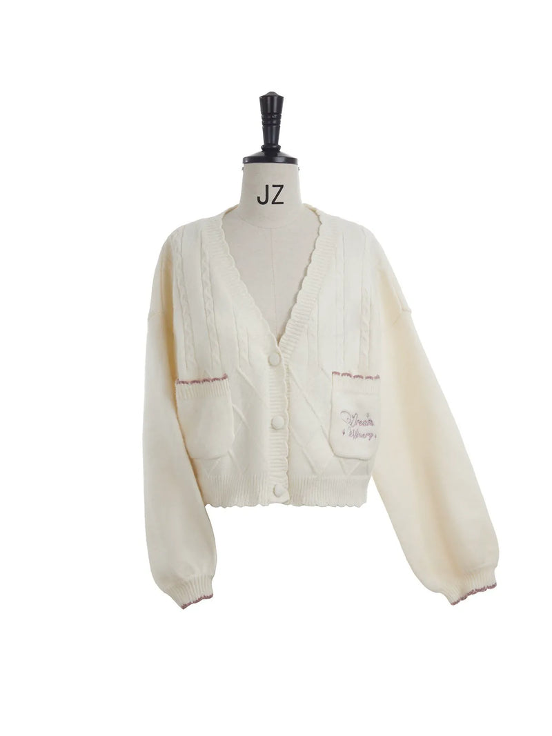 Tan Tuan Dream Winery Argyle Embroidered Cardigan — Beige with Purple Embroidery