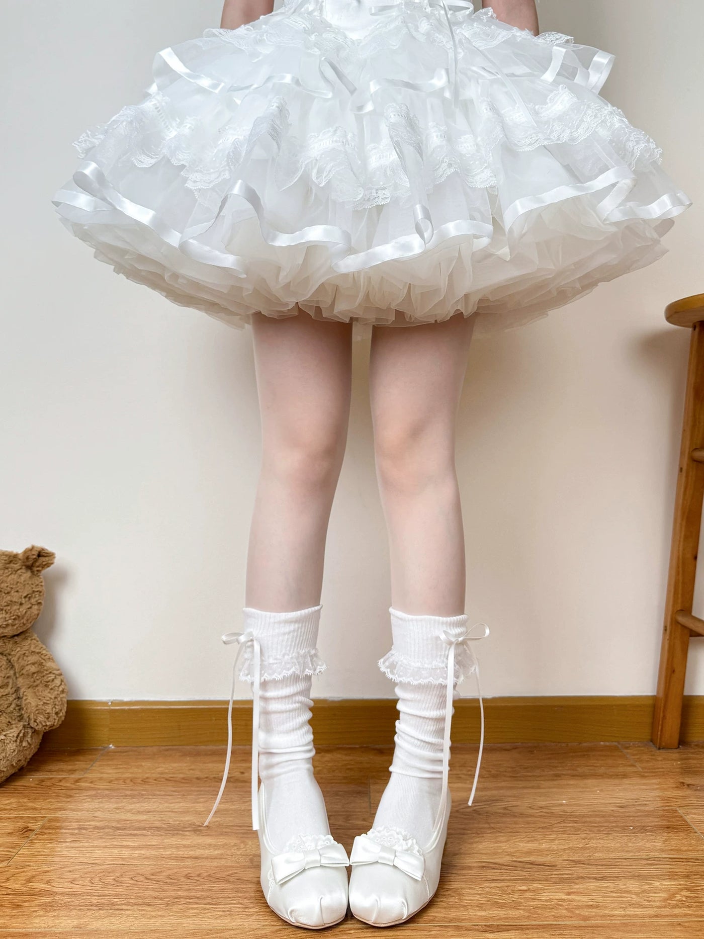 Chubby Bear Tales - Cream Ballet - Thin Scrunch Socks with Ribbon Bows