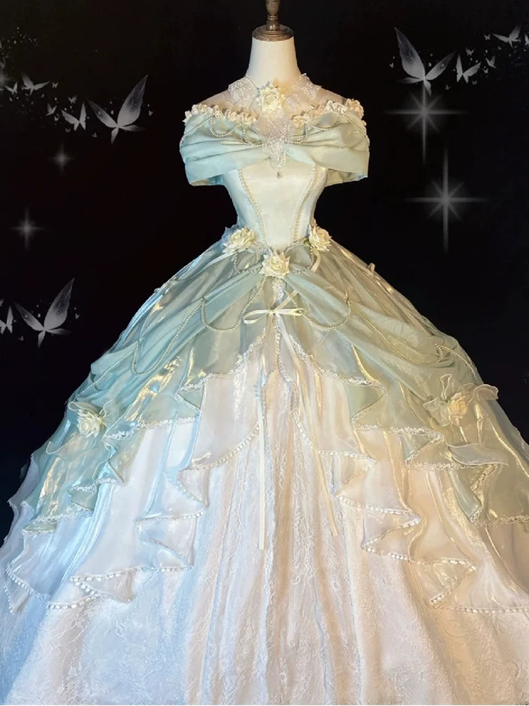 Flora Muse Rose Encounter Lolita OP dress in long mint green with included skirt support, off-shoulder neckline, floral appliqués