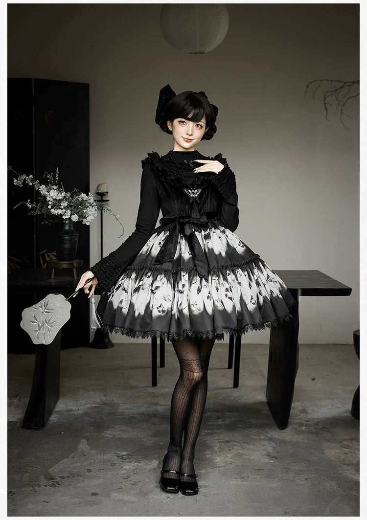 With PUJI - Dead Leaf Butterfly - Gothic Lolita JSK & OP Dress Set, Butterfly Print