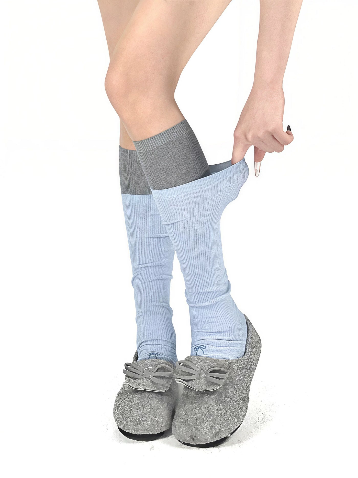 White Socks - Embroidered Bow - Cotton Mid-Calf Stirrup Leg Warmers with Embroidered Bows