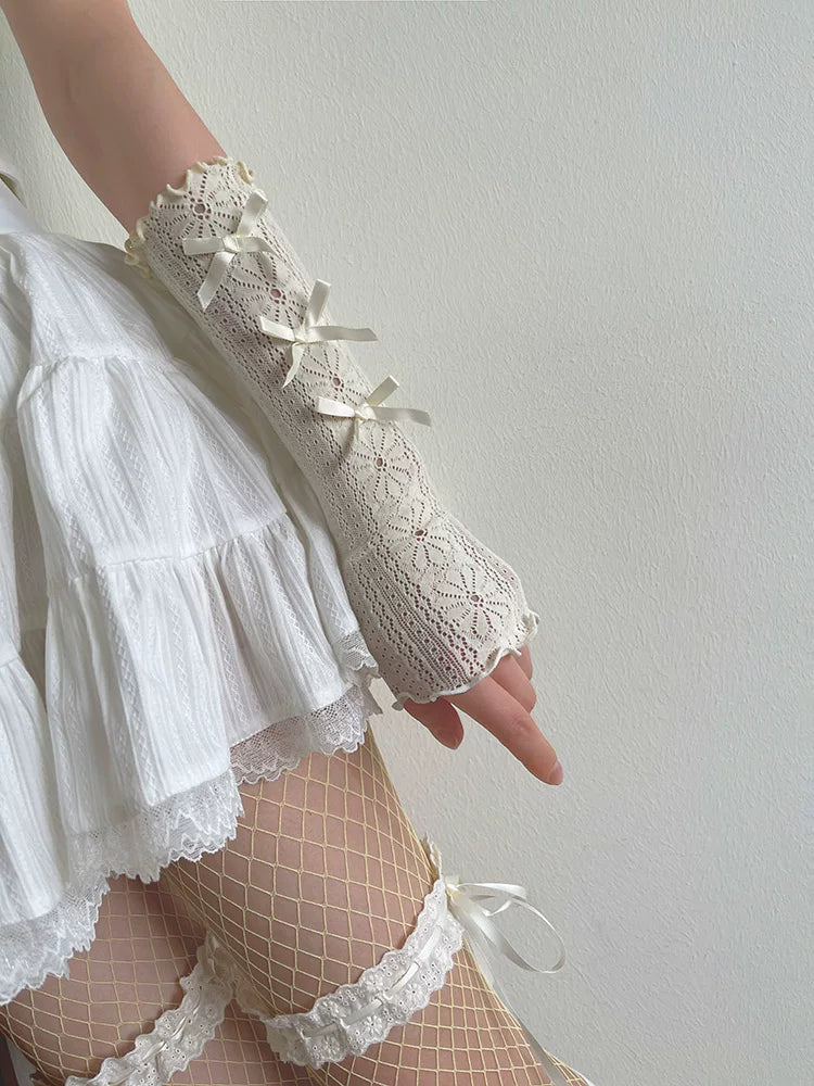 Sock Noble - Lace Bow Sleeves - Arm Sleeves with small bows and ruffled lace edges