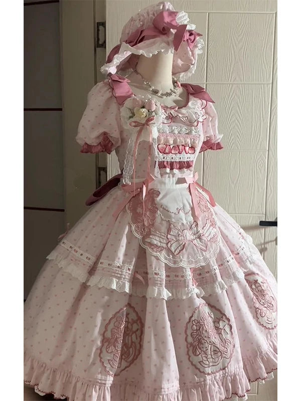 Creamy - Strawberry Embroidery - Pink OP dress with strawberry embroidery and short sleeves