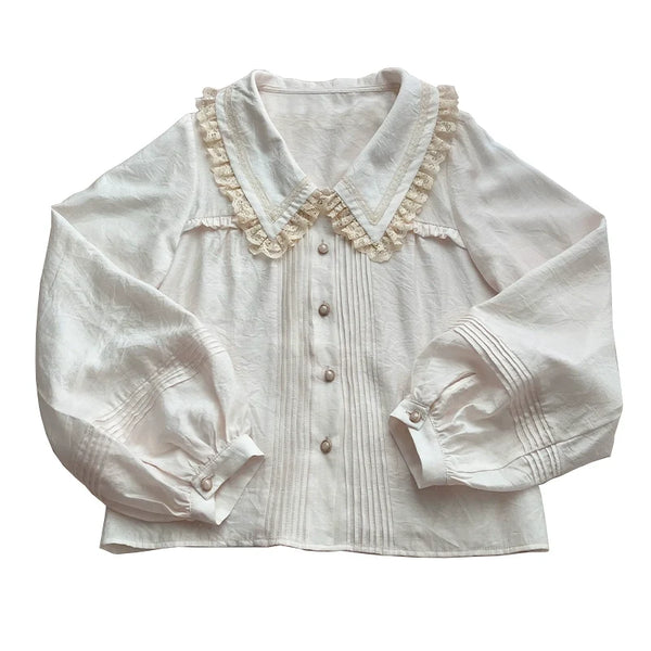 Light beige long-sleeve Lolita shirt with a lace-trimmed V-neck collar, lantern sleeves and pleated front.