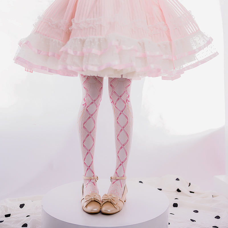 120D Velvet Sweet Lolita Printed Tights One Size Pink