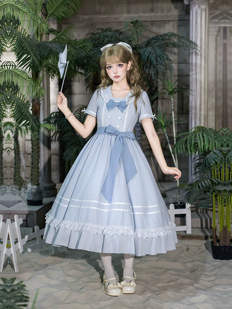 With PUJI - Seven-Day Bell - Blue Classic Lolita Striped OP Dress, Sailor Collar detail view 3