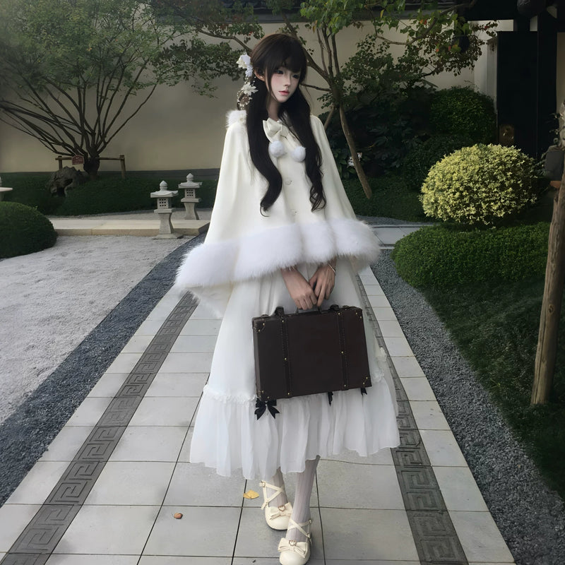 Mizuiro Dream Autumn & Winter Lolita Cape — White Shawl + Bow Tie