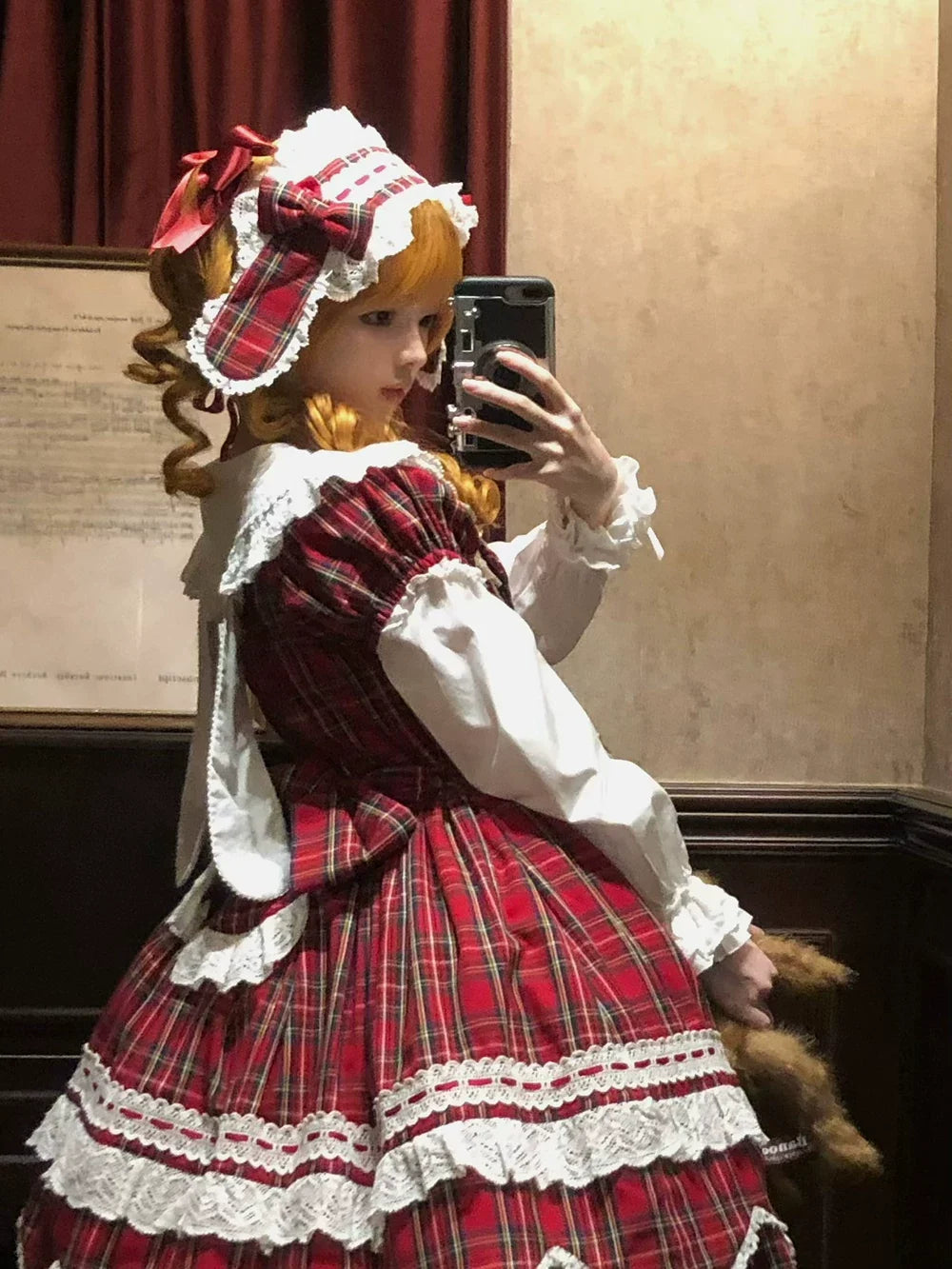 Miss Point - Plaid Petal Bunny - Old School Lolita Bunny Ear Headdress, Bear Ear Apron