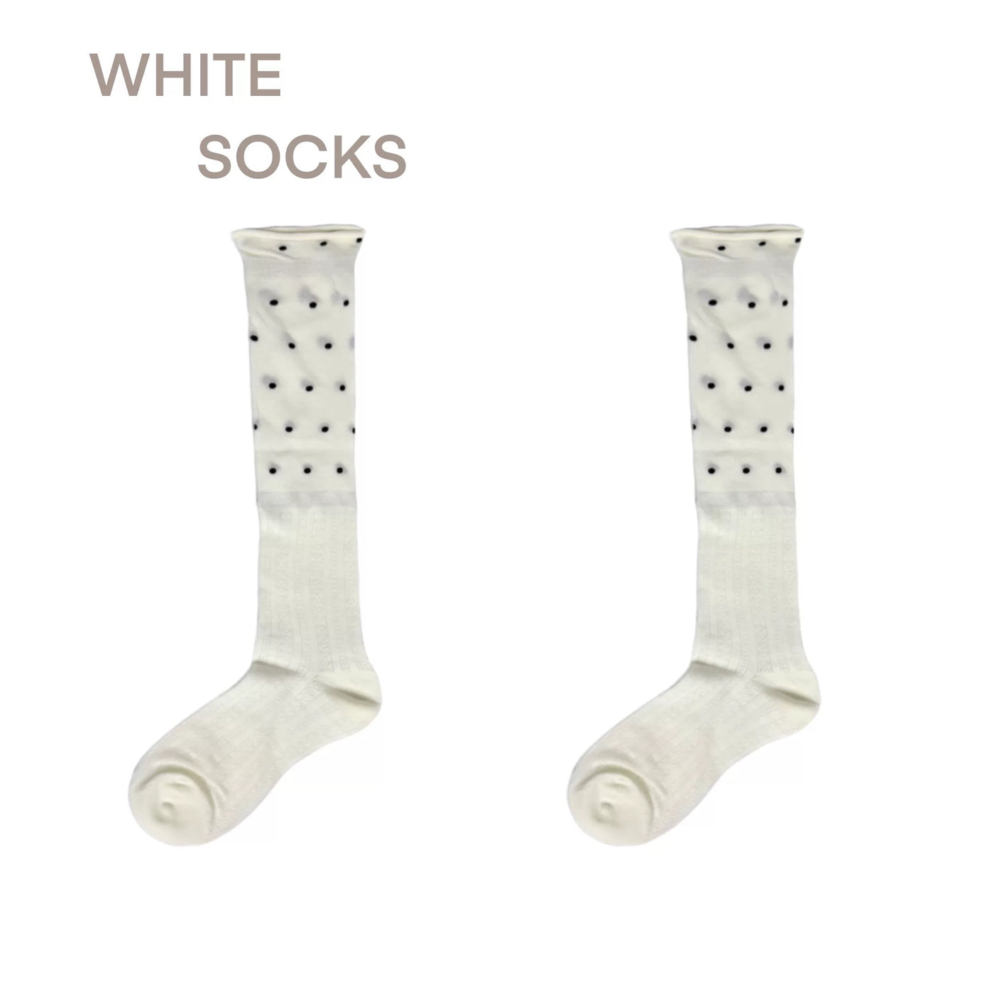 Black polka dot mid-calf sock with scalloped lace cuff