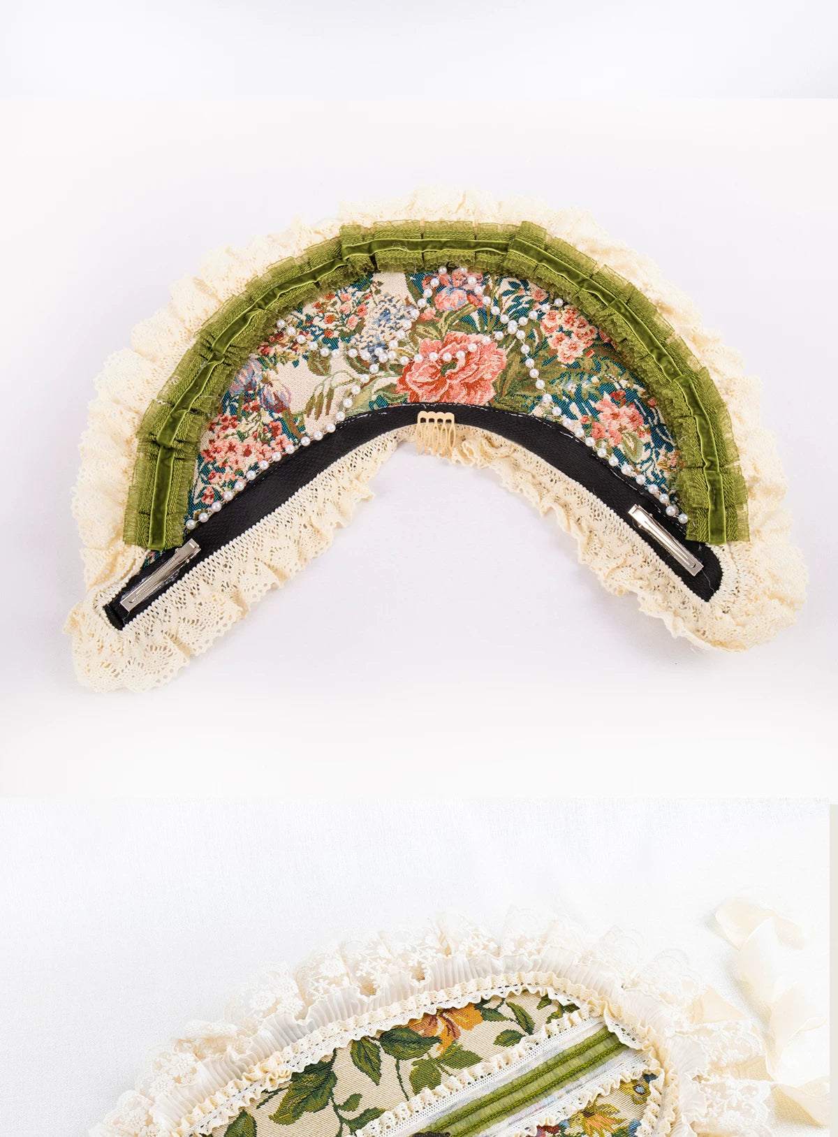 Lightbound Narrative - Manor Rose - Lace-trimmed flat hat or bonnet with floral accents