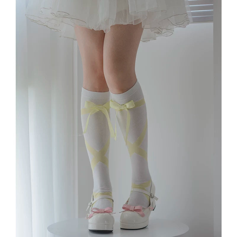 roji roji - Ribbon Strap - Cotton Mid-Calf Socks with Crossed Ribbon Straps