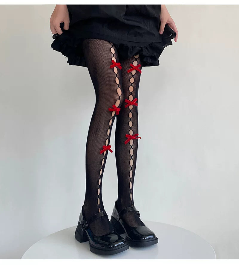Fantasy Doll - Bow Cutout - Mesh tights with bow or flower accents