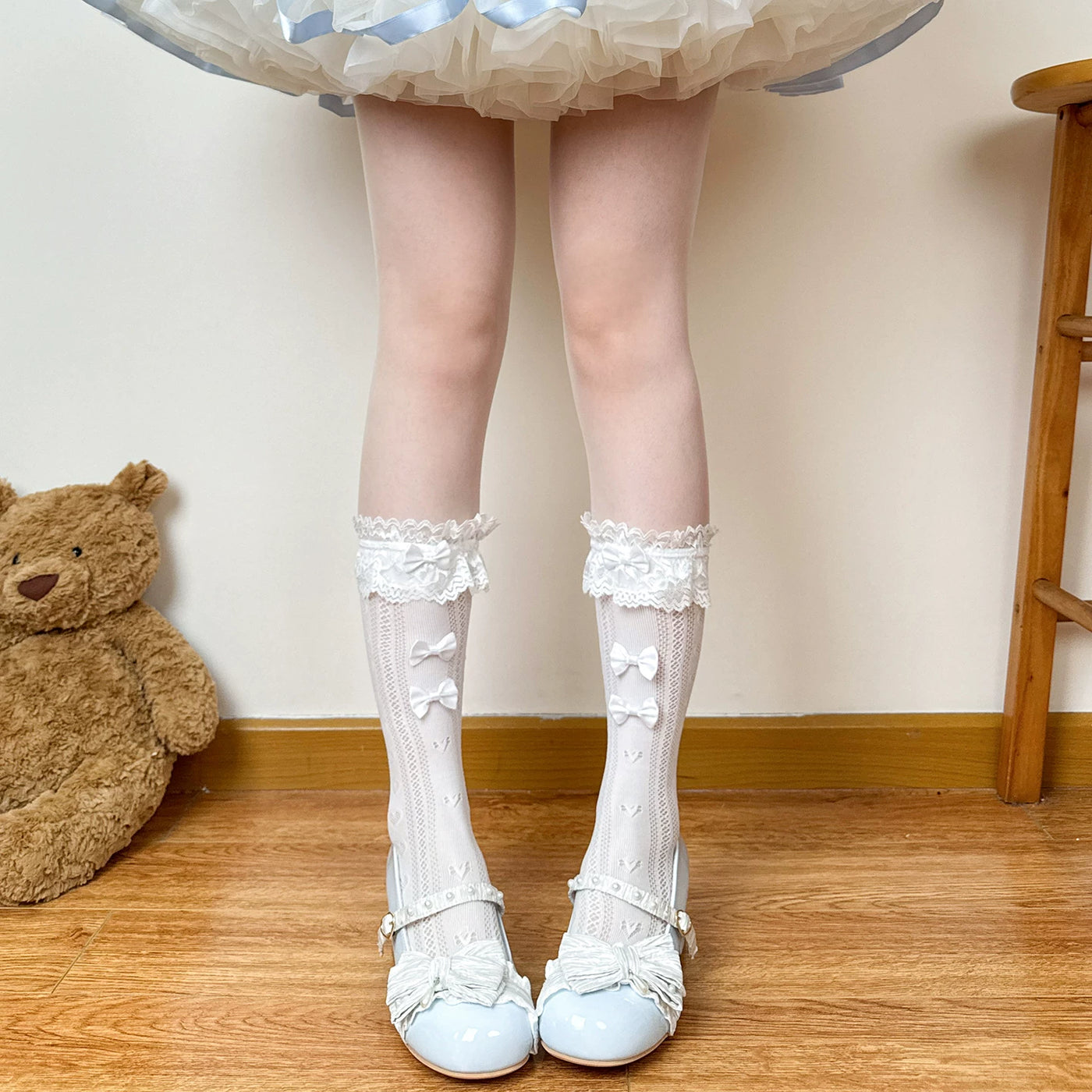 Chubby Bear Tales - Olive - Openwork Lace Mid-Calf Socks with Ribbon Bows
