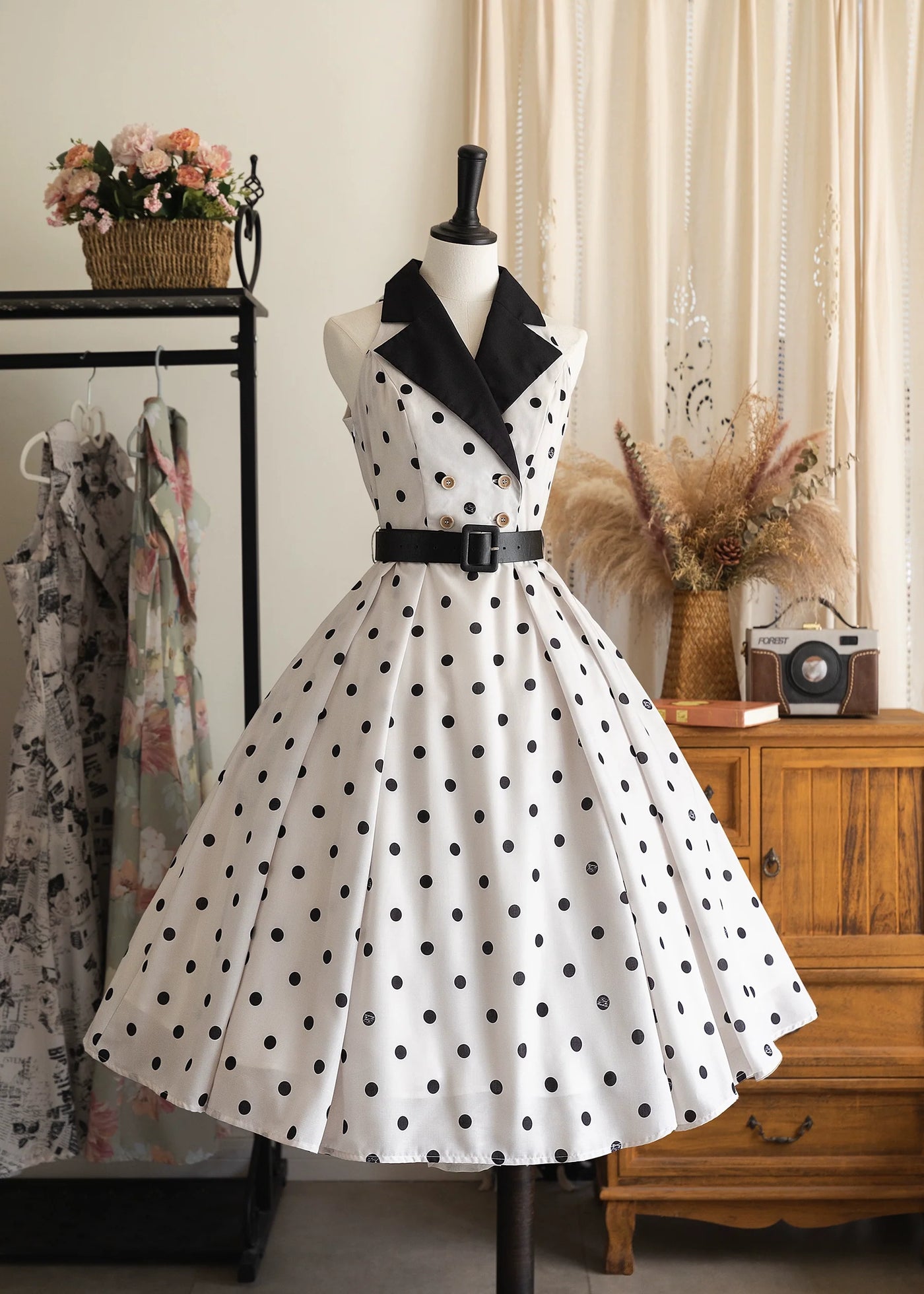 Afternoon Forest - Vintage Lolita Halter-neck JSK Dress in French Style Polka Dot S