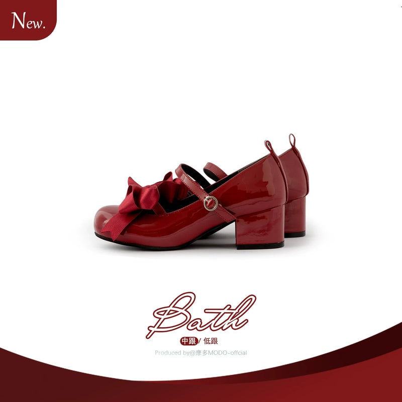 MODO Beth Patent Bow Mary Jane Lolita Shoes – Patent Red - Mid Heel – view 12