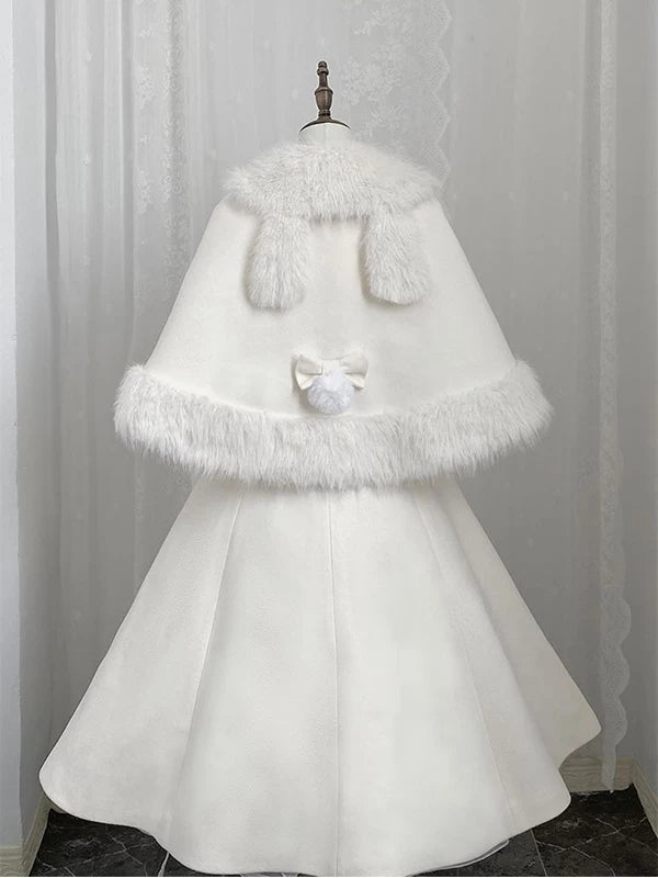 Creamy - Winter Snowfield - White Cape and Coat Set with Fluffy Trim