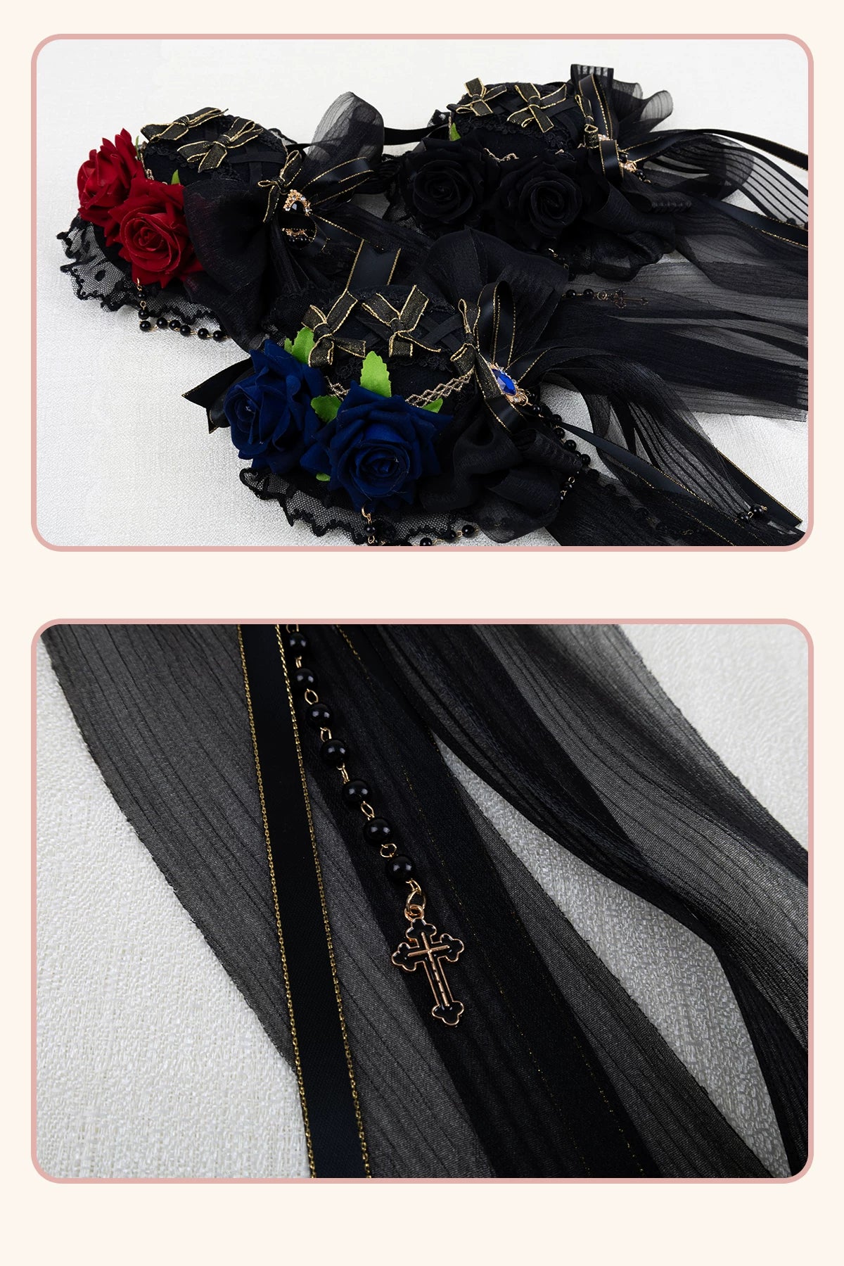 Stardust Rose - Dark Gothic - Black-and-Gold Mini Hat Hair Accessory with Layered Bows