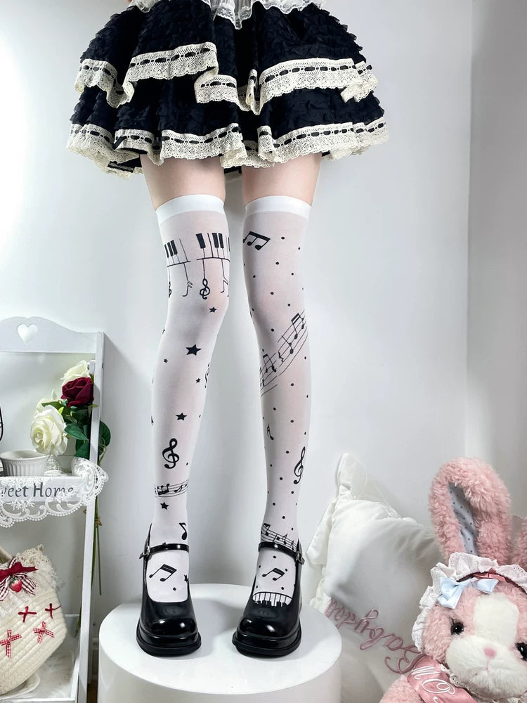 Fantasy Doll - Musical Note - Over-the-Knee Socks with Piano-Key Print