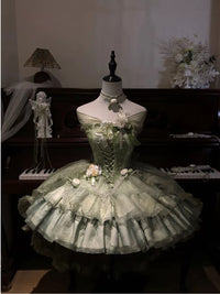 Green Ballet Embroidery - Lolita Dress Set with Floral Embroidery and Train - Green dress + hand sleeves + neck accessory + train / S