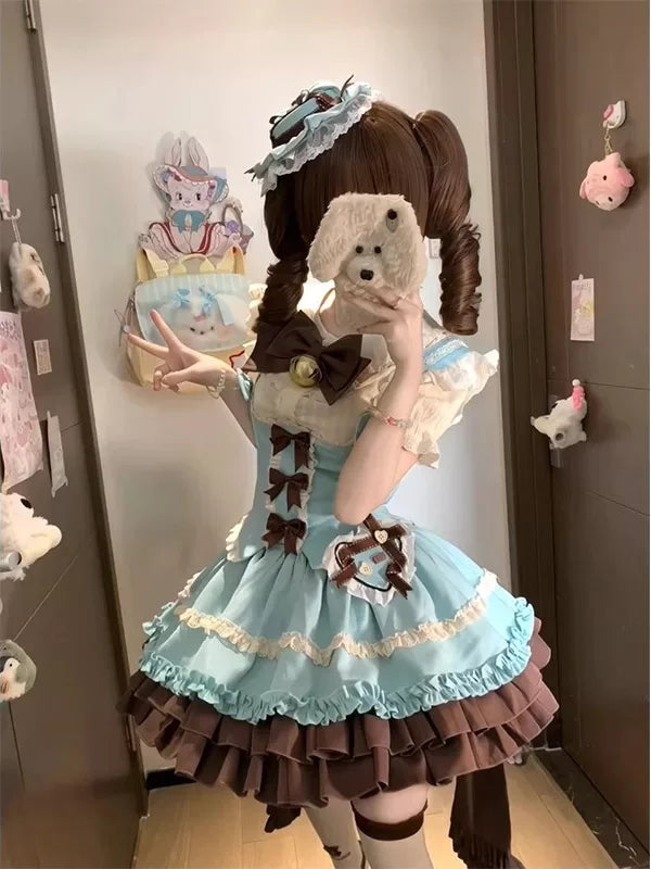 Creamy - Cute Dog - Five-Piece Dress Set with a Bow and Train