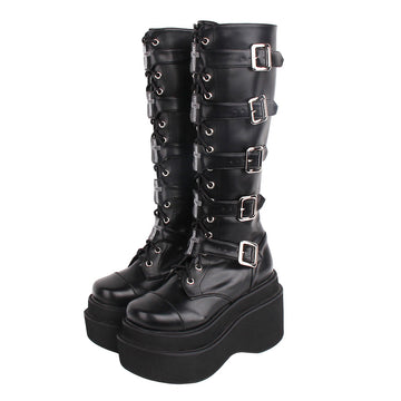 Angelic imprint - J-fashion Punk - Black high boots with cross charms and square buckles