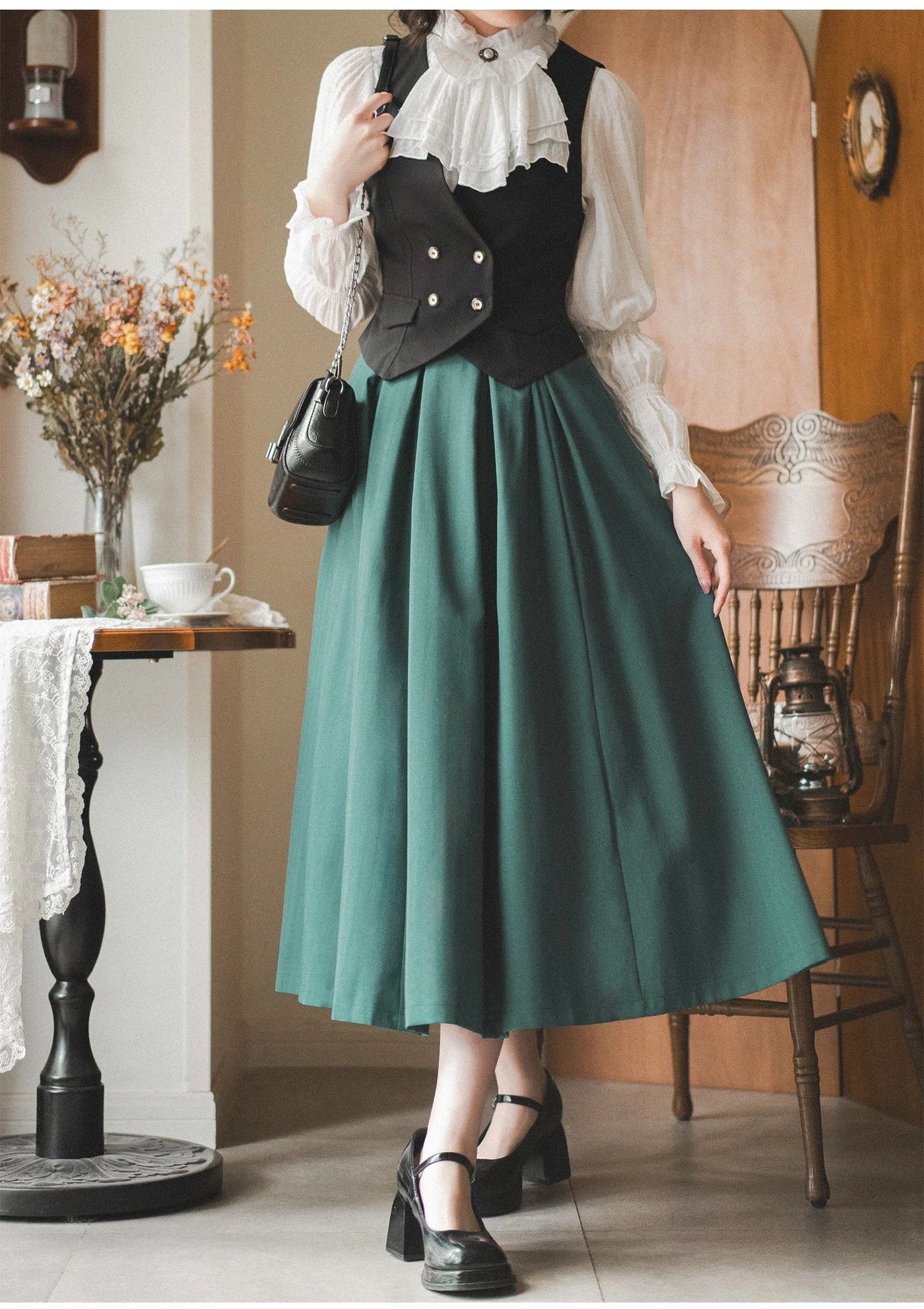 Forest Wardrobe - Misty Forest - White Classic Lolita Long Sleeve Blouse, Detachable Jabot