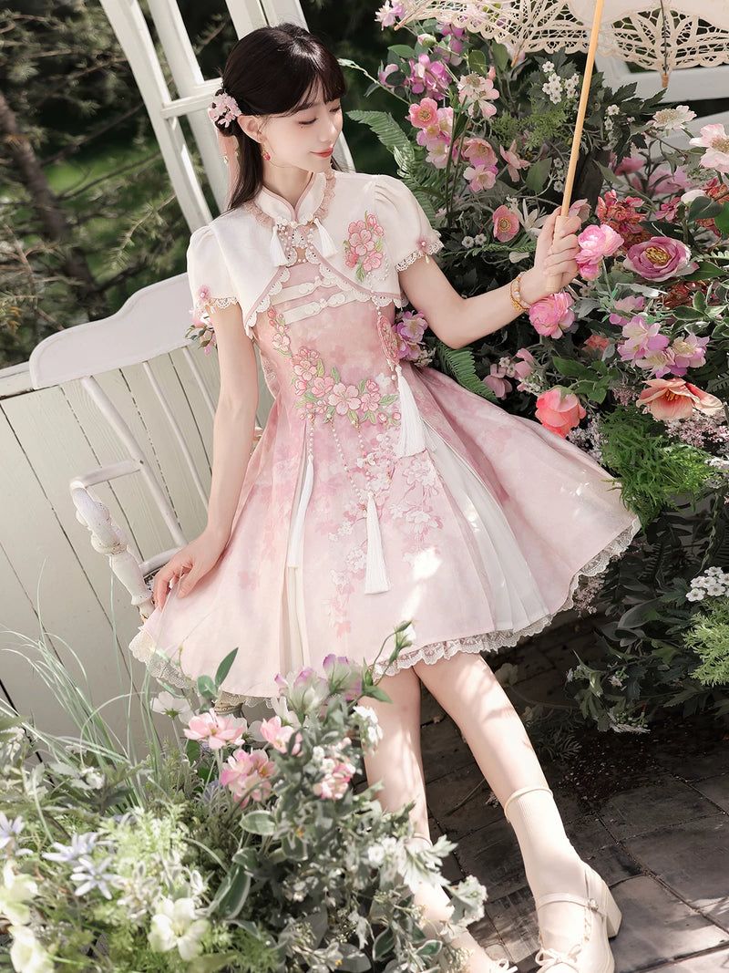 Sweet Promise - New Chinese-Style Blossom - Pink princess dress with floral embroidery and lace-trimmed top