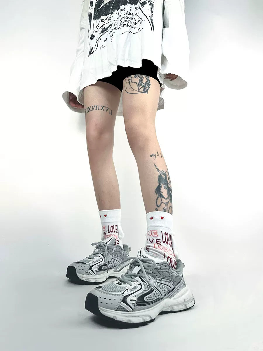 White Socks - Love Letter - Mid-Calf Socks with Red Heart Motifs