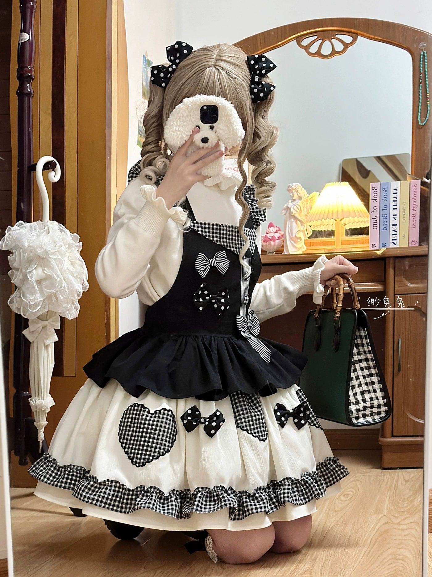 Brown Sweet Lolita jumper skirt with gingham straps and tiered skirt