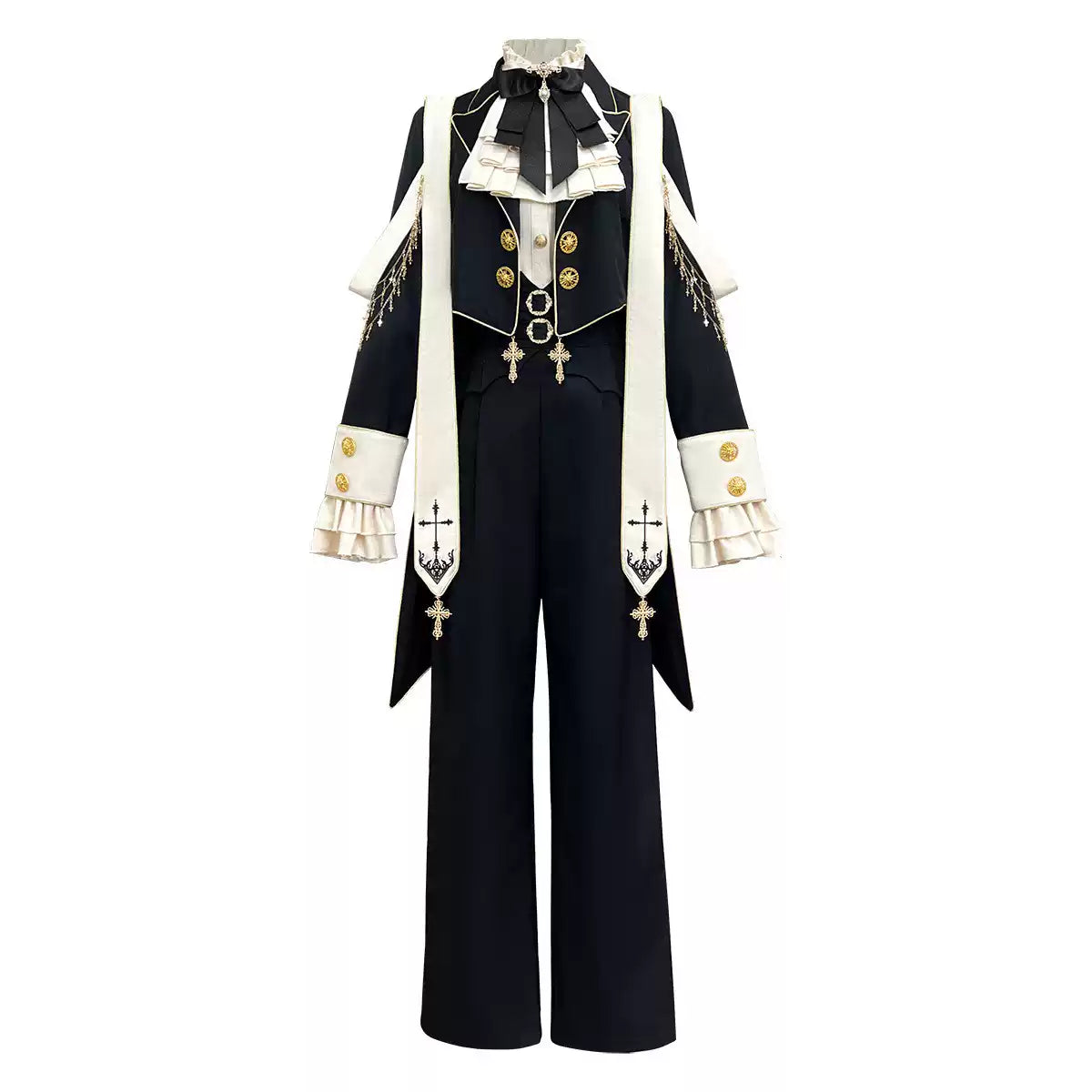 Black-and-beige Ouji Lolita shirt, coat and pants set with cross details