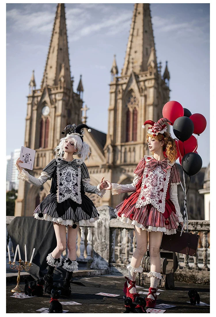 With PUJI - Puppet Mask - Clown Inspired Gothic Lolita OP Dress, Loose Fit