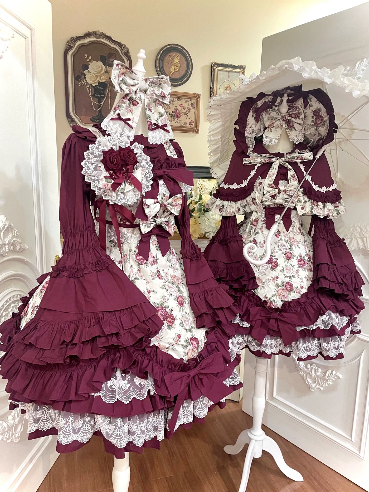 Tata Long Ear - Burgundy Roses - JSK Dress with Pale Rose Print and Tiered Ruffles