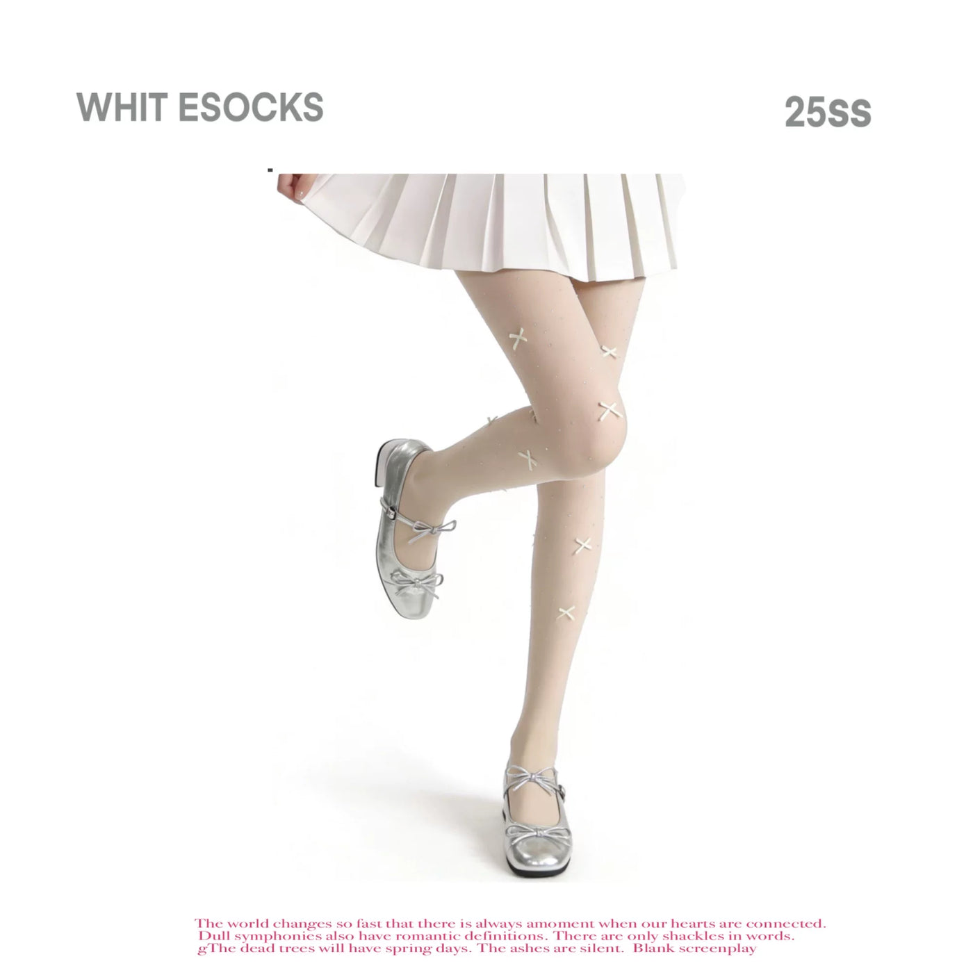 White sheer legwear with white bow and scattered rhinestones