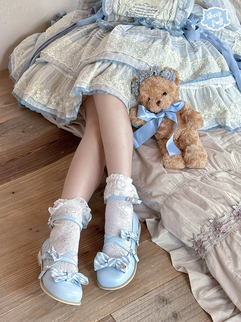 Sheep Puff Candy Tea 2.0 low heel Lolita shoes with pastel colors, featuring cute sheep puff details and a rounded toe.