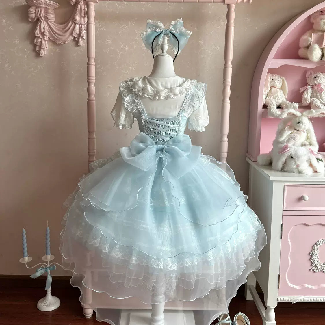 Lady Han Butterfly Heart Bridal Sweet JSK Dress by Lolita Fetch featuring a delicate butterfly and heart print on a elegant, pastel-colored fabric.