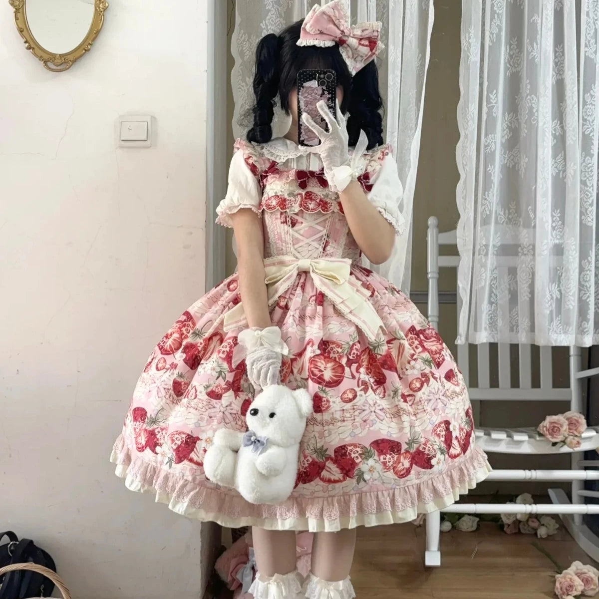 Sweetheart Dream Machine - Strawberry Flower Bud - Lolita jumper skirt with a strawberry print and tiered ruffles