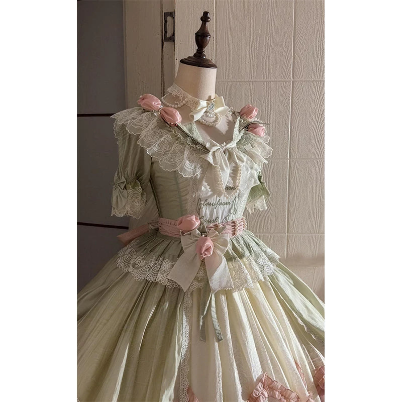 Creamy - Green-and-Pink Floral Princess - Short-Sleeve Lolita Dress with Layered Lace Trim