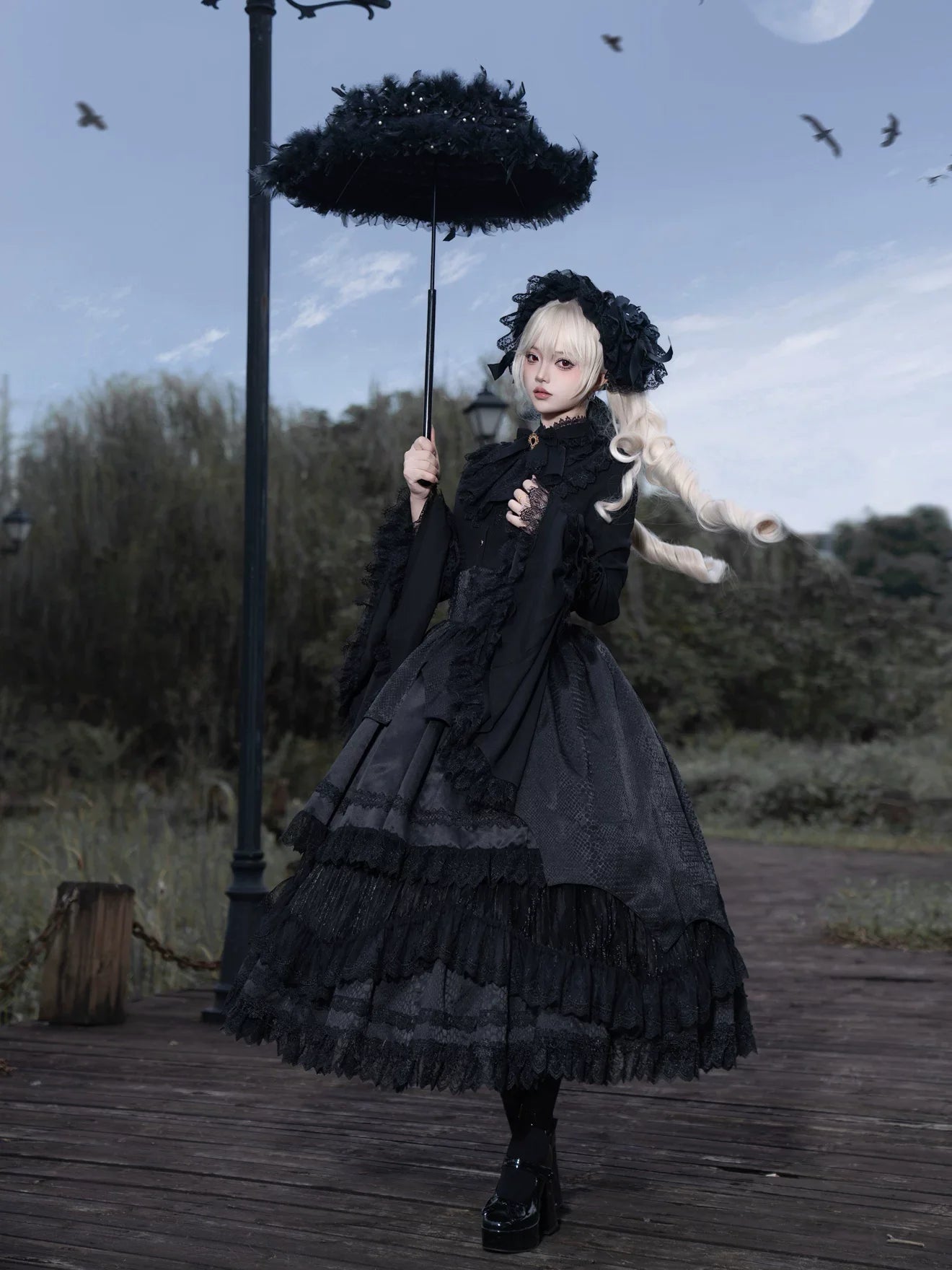 DMFS Lolita - Broken Winged Bat - Gothic Lolita Shirt & SK Set, Bat-wing Shaped Hem